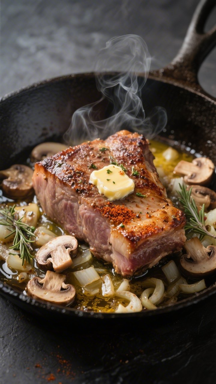 Cooking process, close-up: Searing seasoned pork shoulder in a skillet until deeply browned with car