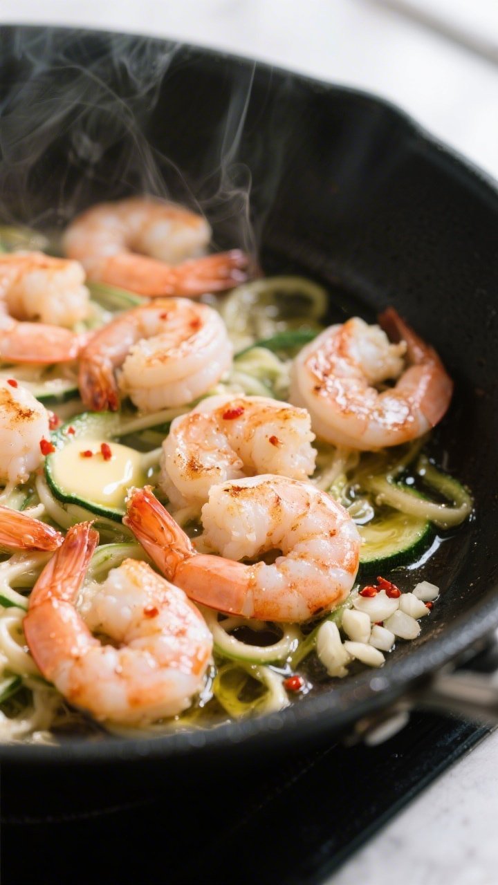 Cooking process, close-up: Searing shrimp for Shrimp Alfredo Zucchini Noodles in a large skillet, sh