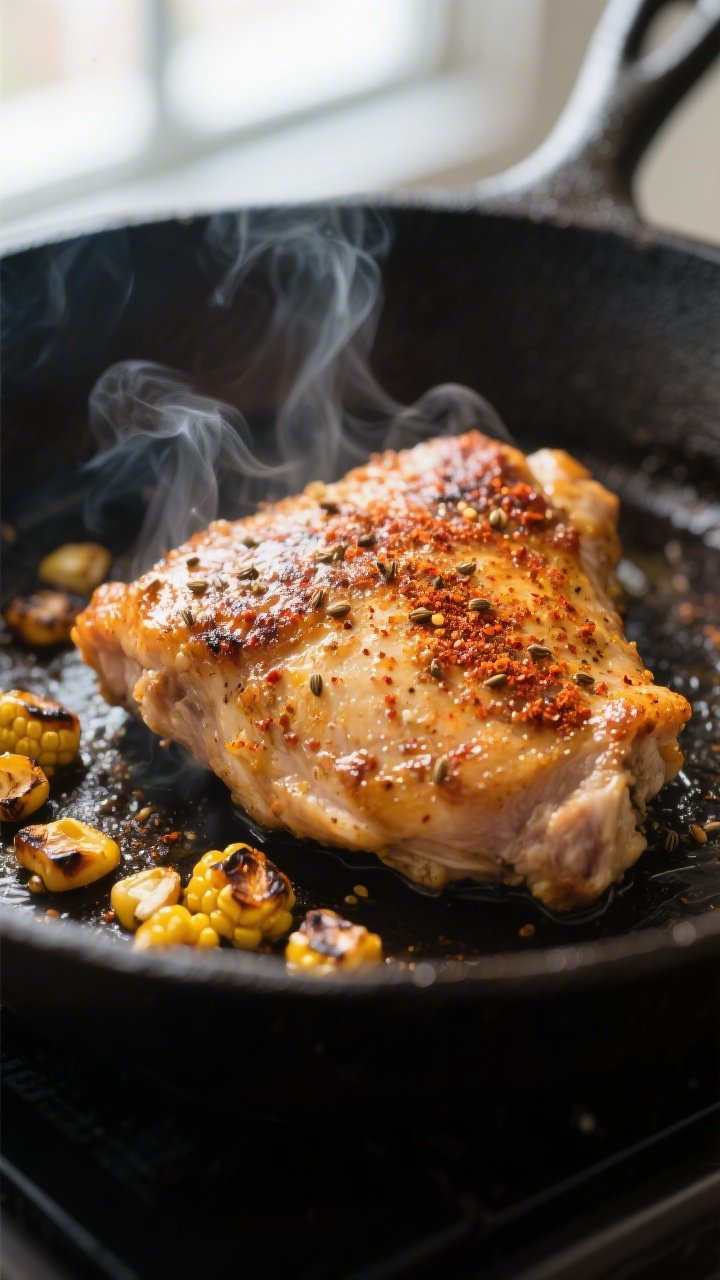 Cooking process close-up: Searing spice-rubbed chicken thighs in a hot skillet, golden-brown crust w