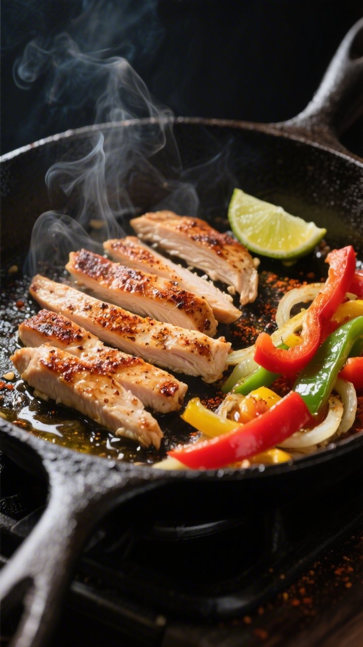 Cooking process close-up: Searing thin strips of seasoned chicken in a hot cast-iron skillet, browne