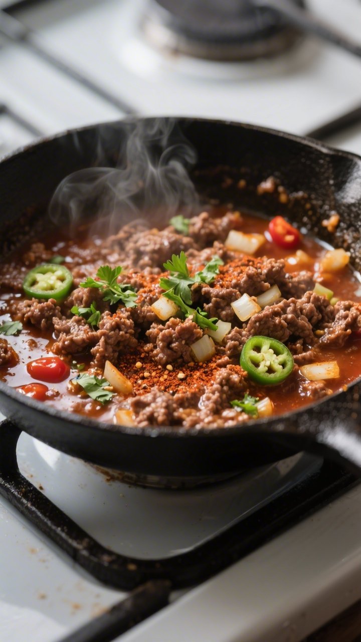 Cooking process close-up: Seasoned ground beef simmering in a skillet with visible onion and minced 