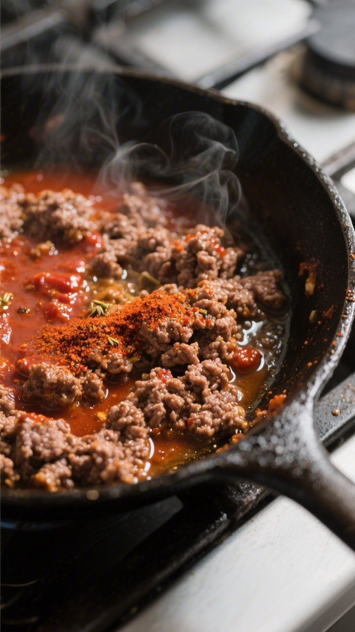 Cooking process close-up: Seasoned ground beef sizzling in a cast-iron skillet, browned with crispy 