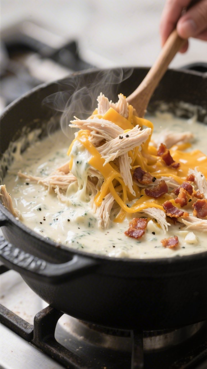 Cooking process close-up: Shredded chicken being folded back into a velvety cream-cheese and ranch s