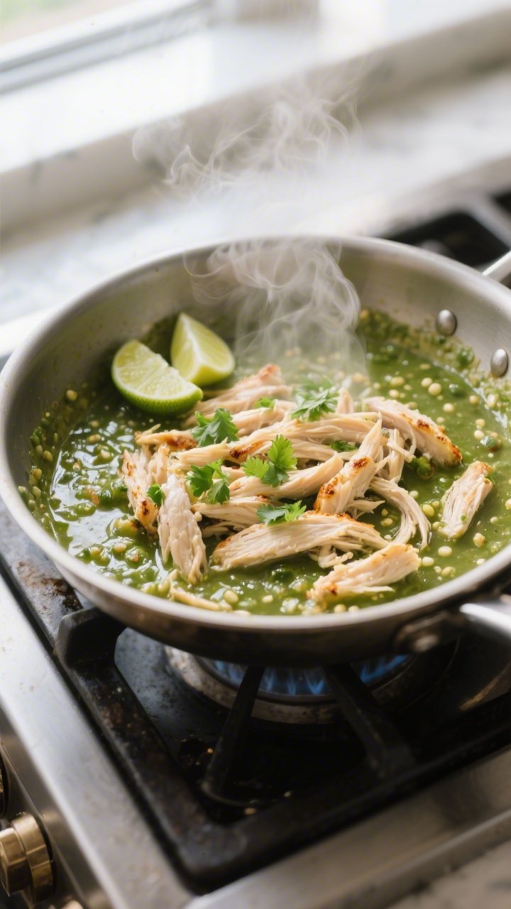 Cooking process close-up: Shredded chicken simmering in glossy salsa verde inside a wide stainless s
