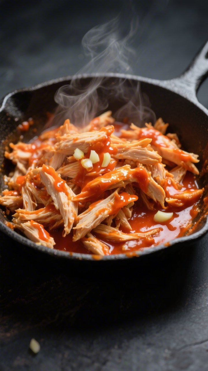 Cooking process close-up: Shredded cooked chicken being tossed in a small skillet with glossy Buffal