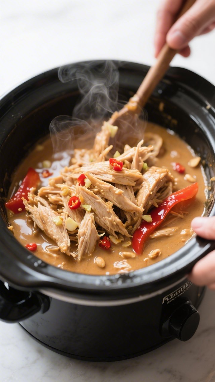Cooking process close-up: Shredded slow-cooked keto Thai peanut chicken being folded back into a glo