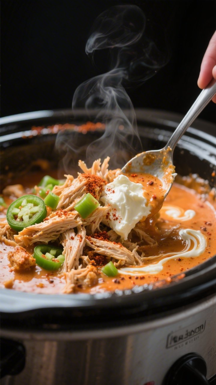 Cooking process close-up: Shredded taco-seasoned chicken being stirred back into a slow cooker with