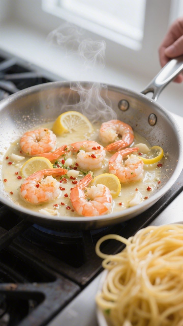 Cooking process close-up: Shrimp scampi sizzling in a stainless-steel skillet, shrimp just turned pi