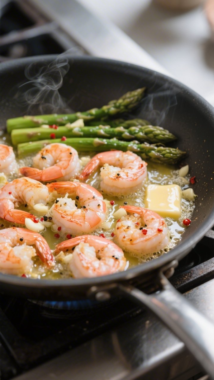 Cooking process close-up: Shrimp sizzling in a large skillet as they sear in garlic butter, pink and