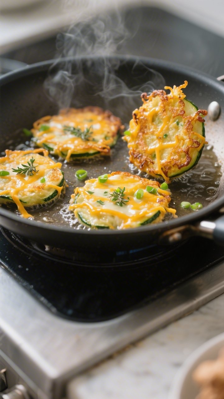 Cooking process, close-up: Sizzling cheesy zucchini fritters frying in a nonstick skillet, highlight