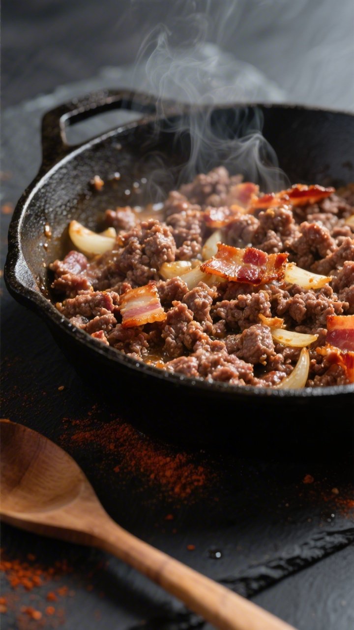 Cooking process close-up: Sizzling ground beef browning in a cast-iron skillet with crisped bacon pi