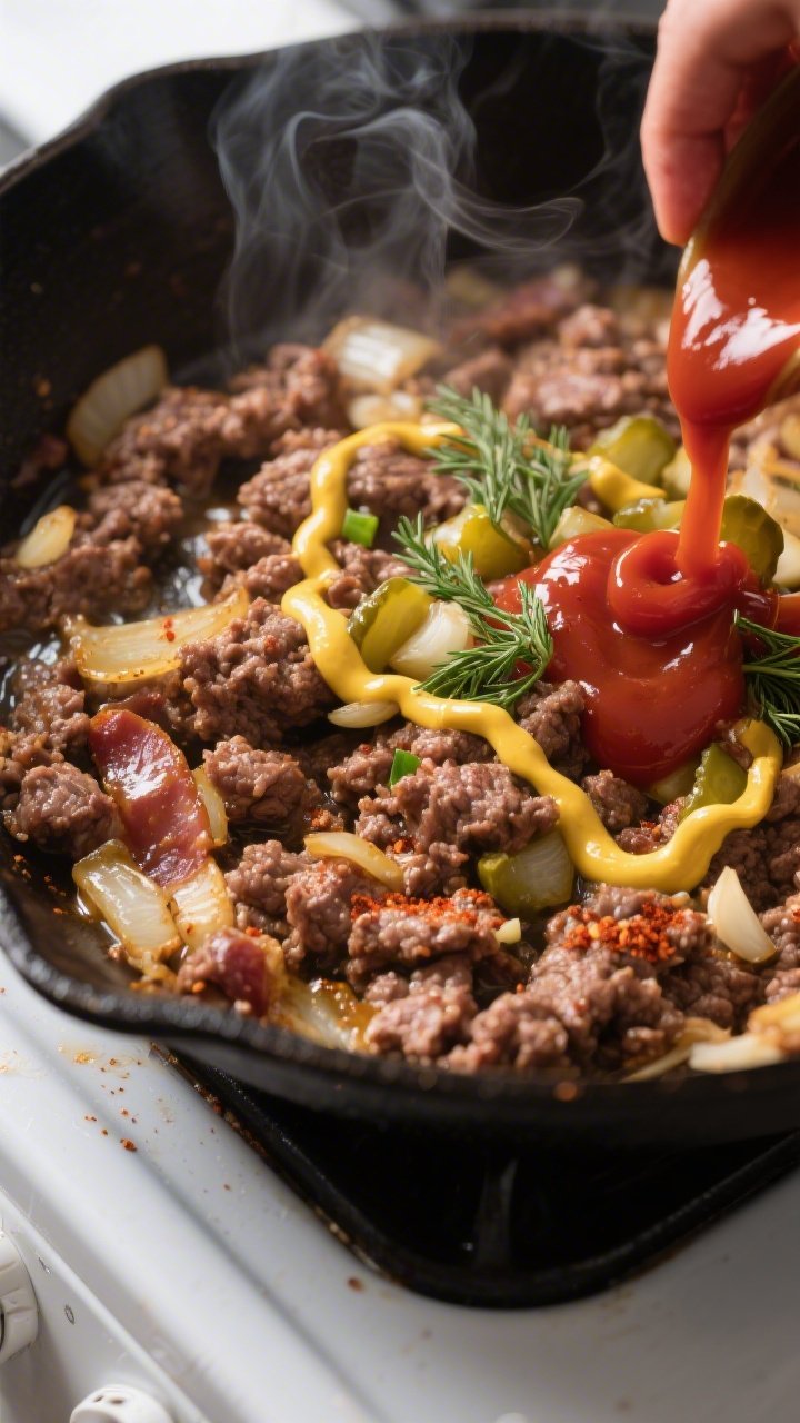 Cooking process close-up: Sizzling ground beef in a large skillet, browned with no pink, glistening 