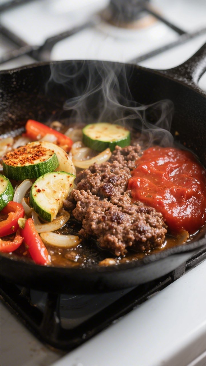 Cooking process, close-up: Sizzling one-pan hamburger zucchini skillet mid-cook, browned ground beef