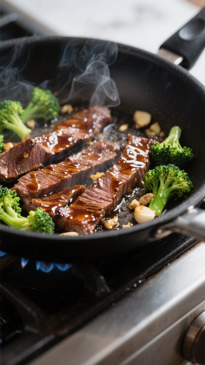 Cooking process close-up: Sizzling teriyaki beef strips searing in a wide black skillet over medium-