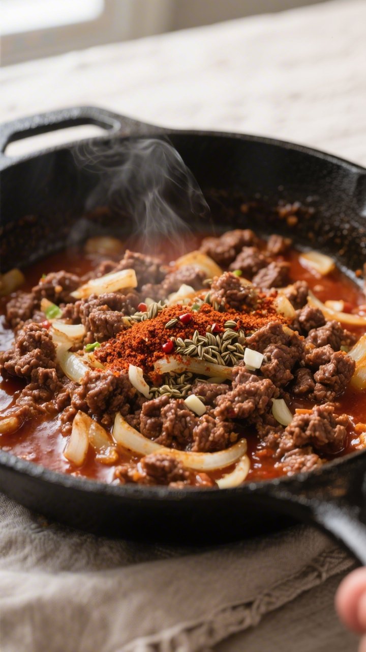 Cooking process close-up: Skillet of browned ground beef with sautéed onions and minced garlic, spi