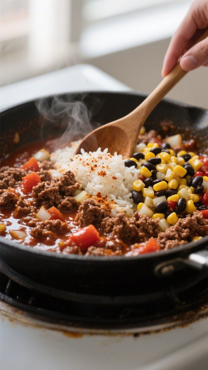 Cooking process close-up: Skillet of browned ground beef simmering with glossy BBQ sauce and tomato