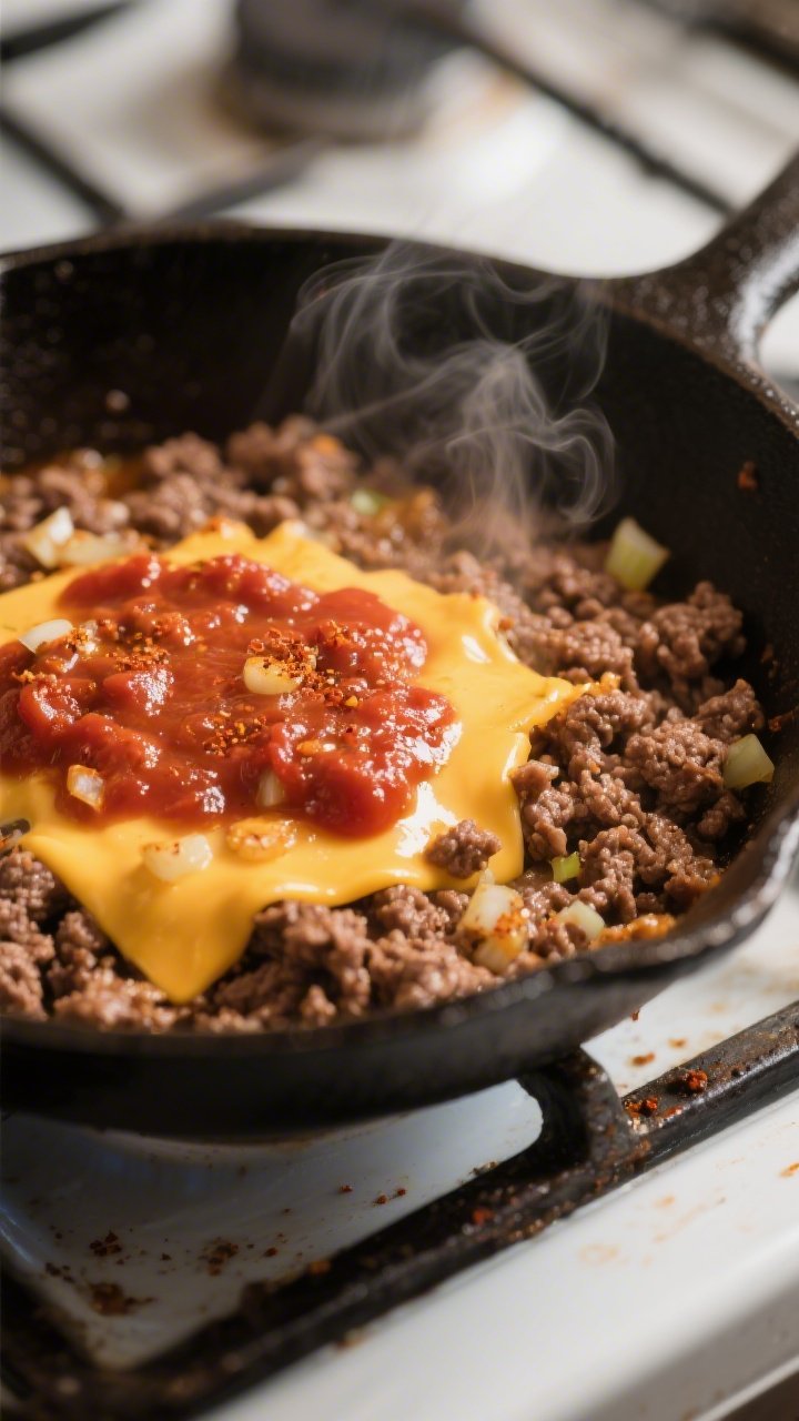 Cooking process close-up: Skillet of browned ground beef coated in tomato paste with melted cheddar 