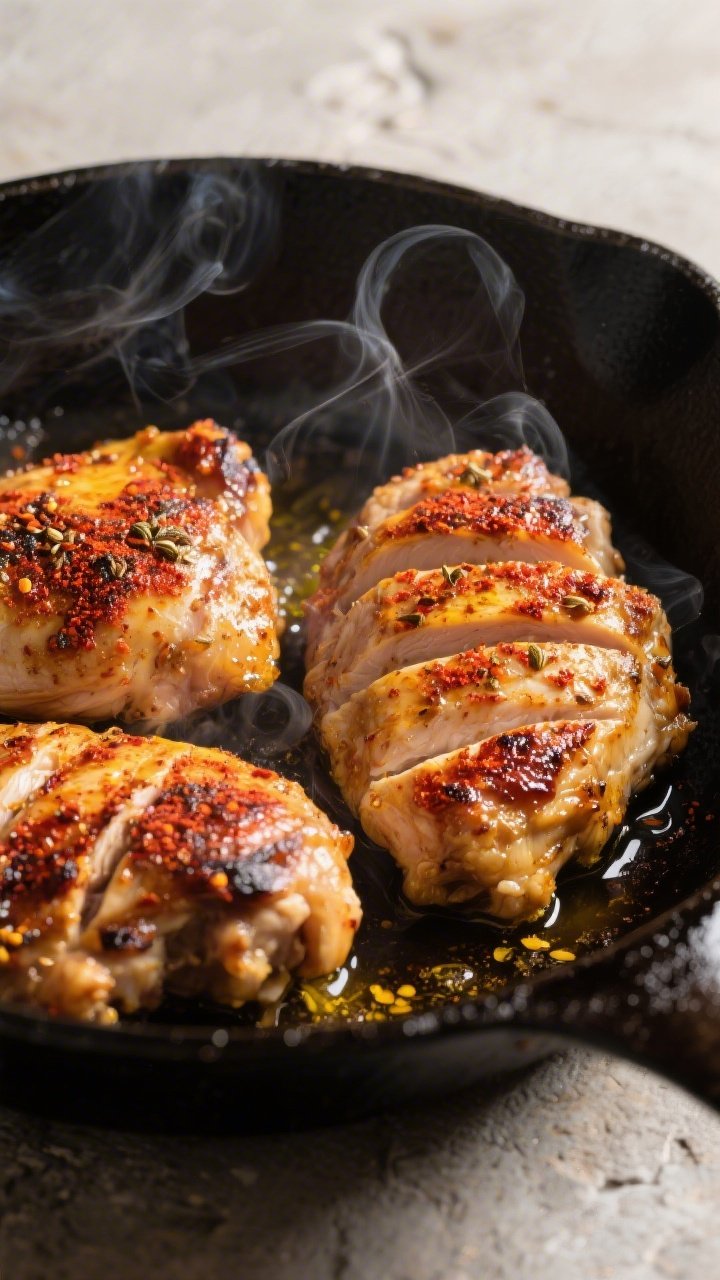 Cooking process close-up: Sliced, marinated chicken thighs sizzling in a cast-iron skillet, edges de