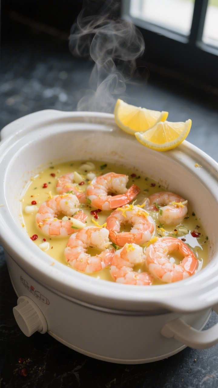 Cooking process, close-up: Slow cooker insert with gently simmering lemon-garlic butter sauce envelo