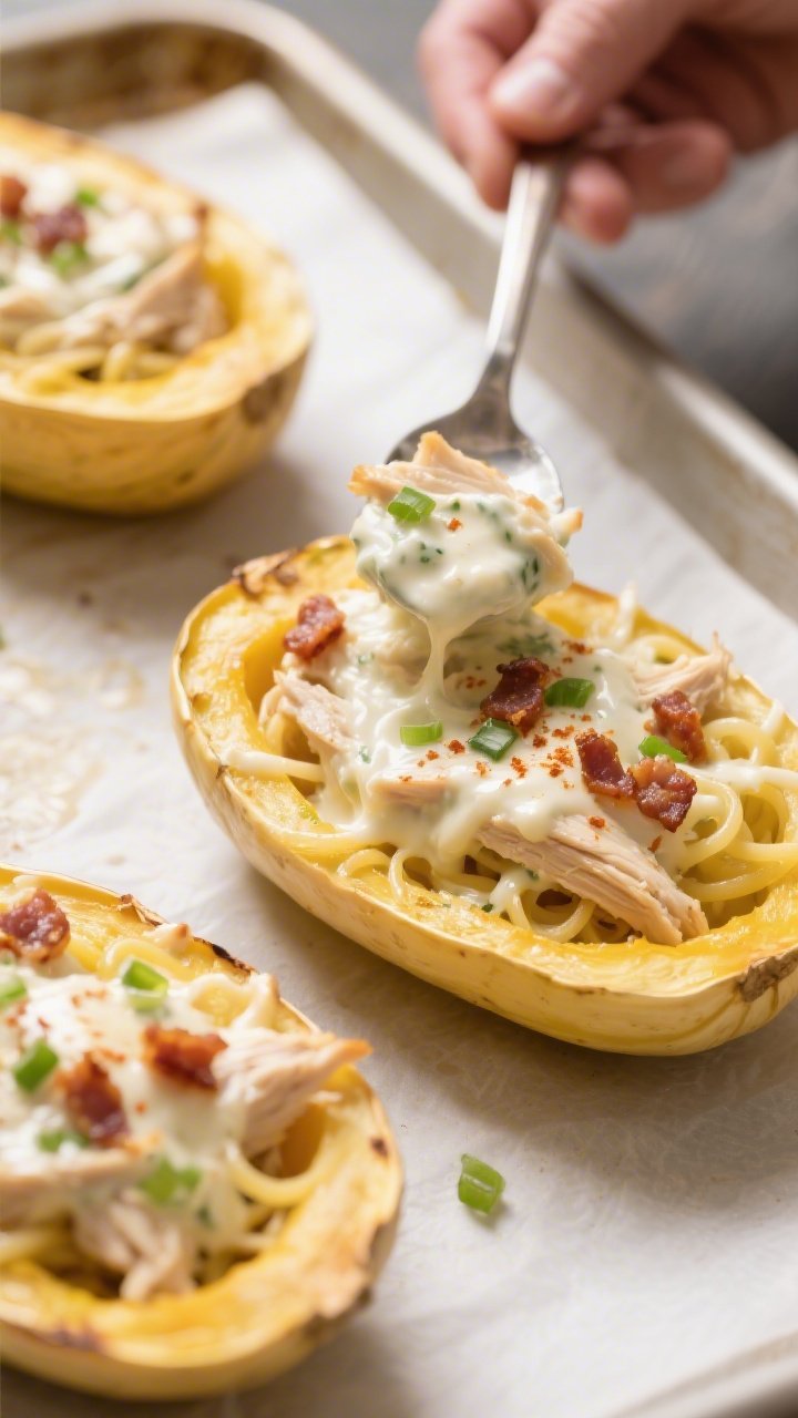 Cooking process, close-up: Spaghetti squash boats just out of the oven being filled with the creamy
