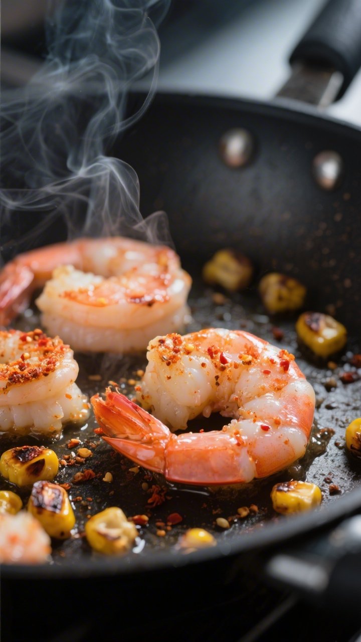 Cooking process close-up: Spiced shrimp sizzling in a hot skillet, lightly browned edges with a glos