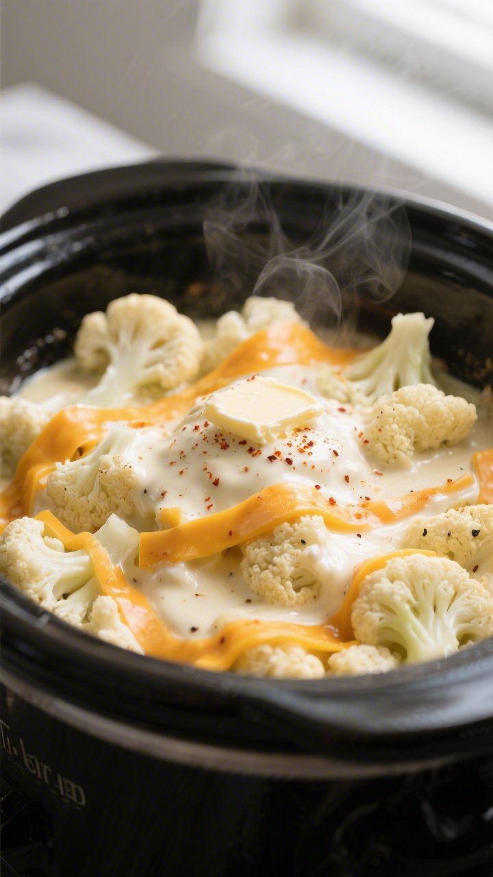 Cooking process, close-up: Tender cauliflower florets in a slow cooker mid-cook, coated in a glossy,