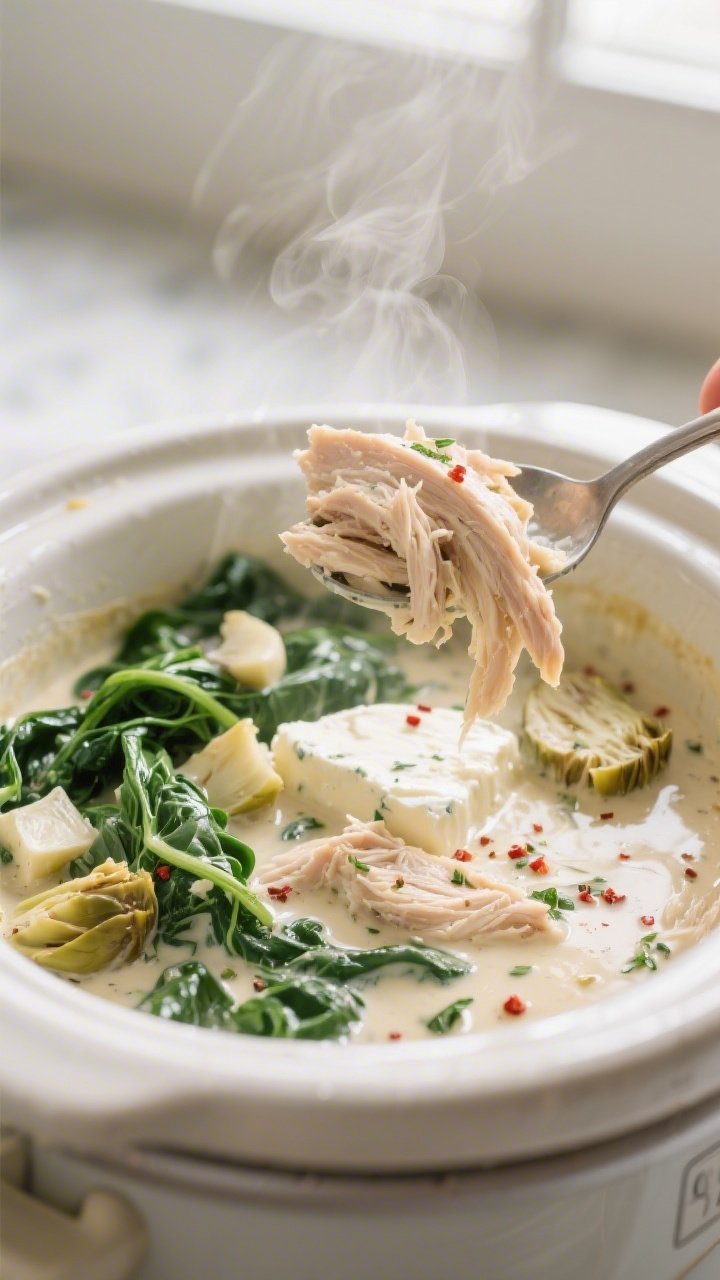 Cooking process close-up: Tender shredded chicken simmering in a crockpot as the cream cheese melts 