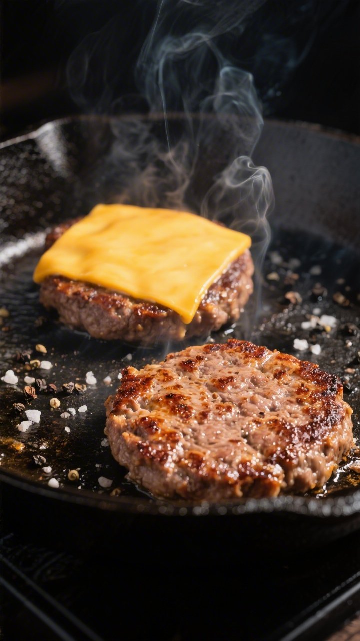 Cooking process close-up: Two thin smash burger patties searing on a smoking-hot cast-iron skillet, 