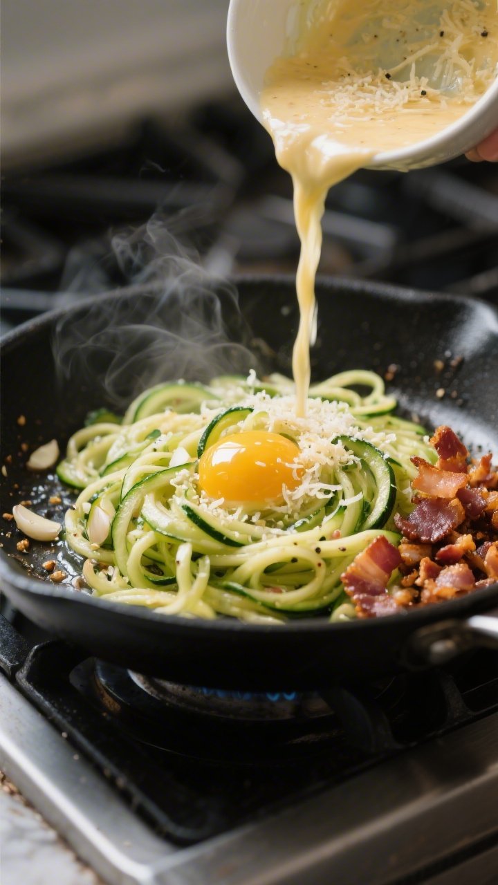 Cooking process close-up: Zucchini noodles just-tender in a black skillet, glossy and al dente, toss