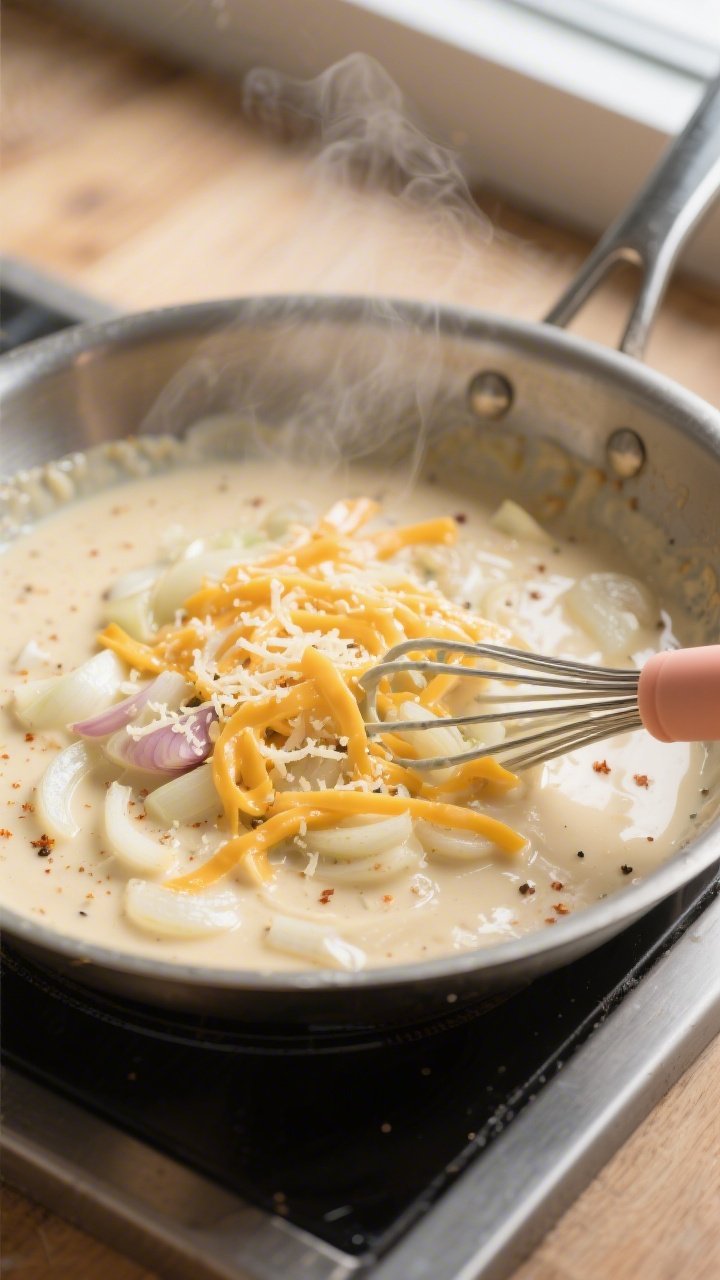 Cooking process – creamy cheese sauce coming together: Close-up of a stainless-steel skillet on th