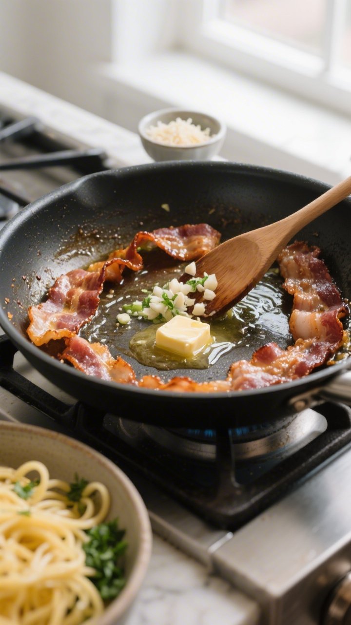 Cooking process: Crispy bacon finishing in a large skillet, rendered fat shimmering as butter melts 