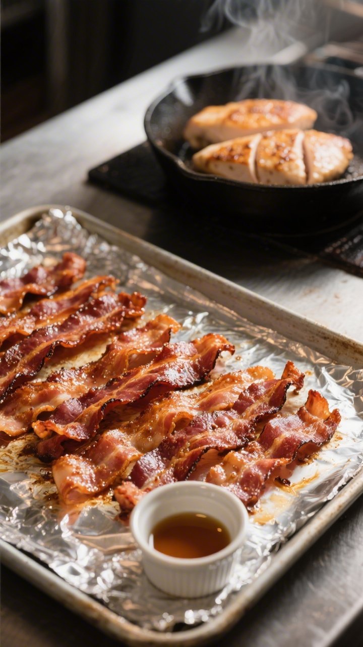 Cooking process: Crispy bacon just out of the oven on a foil-lined sheet pan at 400°F, evenly brown