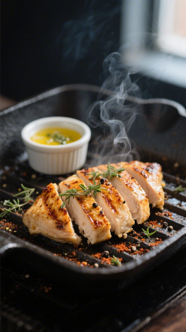 Cooking process – Greek lemon-oregano chicken on a grill pan: Sliced, fully cooked chicken breasts