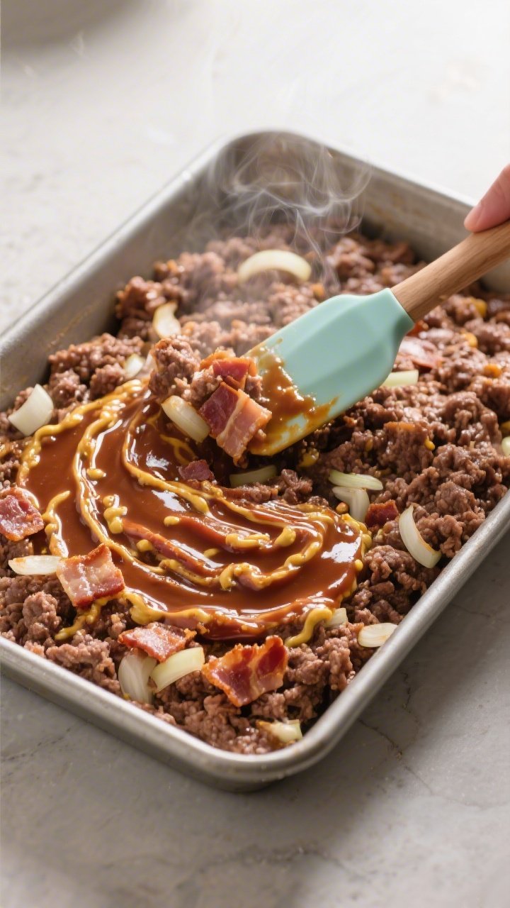 Cooking process: Ground beef mixture being spread evenly in a greased 9x13 baking dish; beef is brow