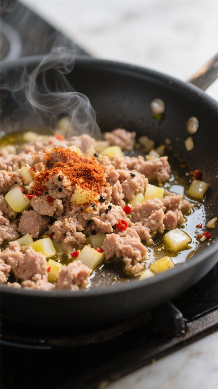 Cooking process — Ground turkey browning with spices: Close-up of a wide, black skillet on the sto