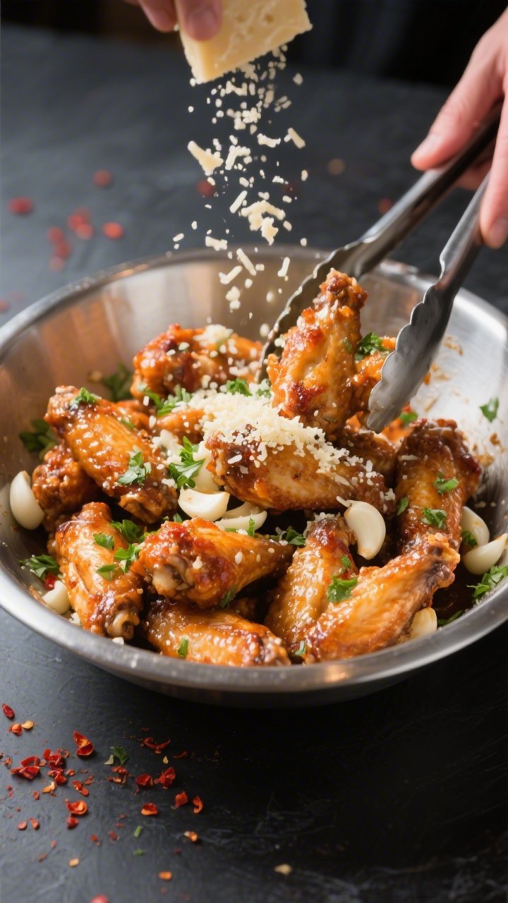 Cooking process: Hot wings being tossed in a large stainless bowl with glossy garlic-parmesan butter