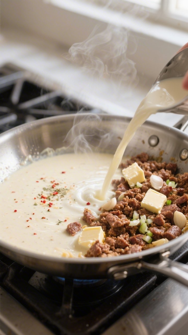Cooking process — Italian sausage Alfredo coming together: A large stainless-steel skillet over me
