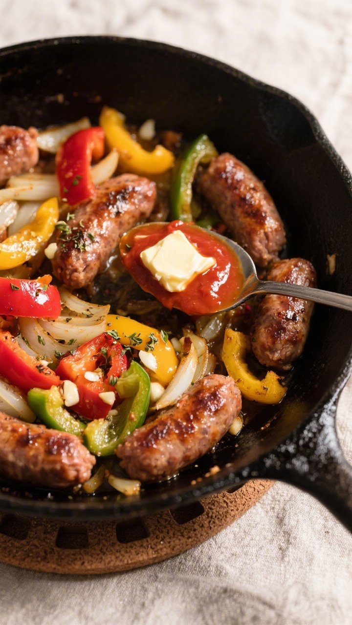 Cooking process: Italian sausage, bell peppers (red, yellow, and green) and onions sautéing togethe