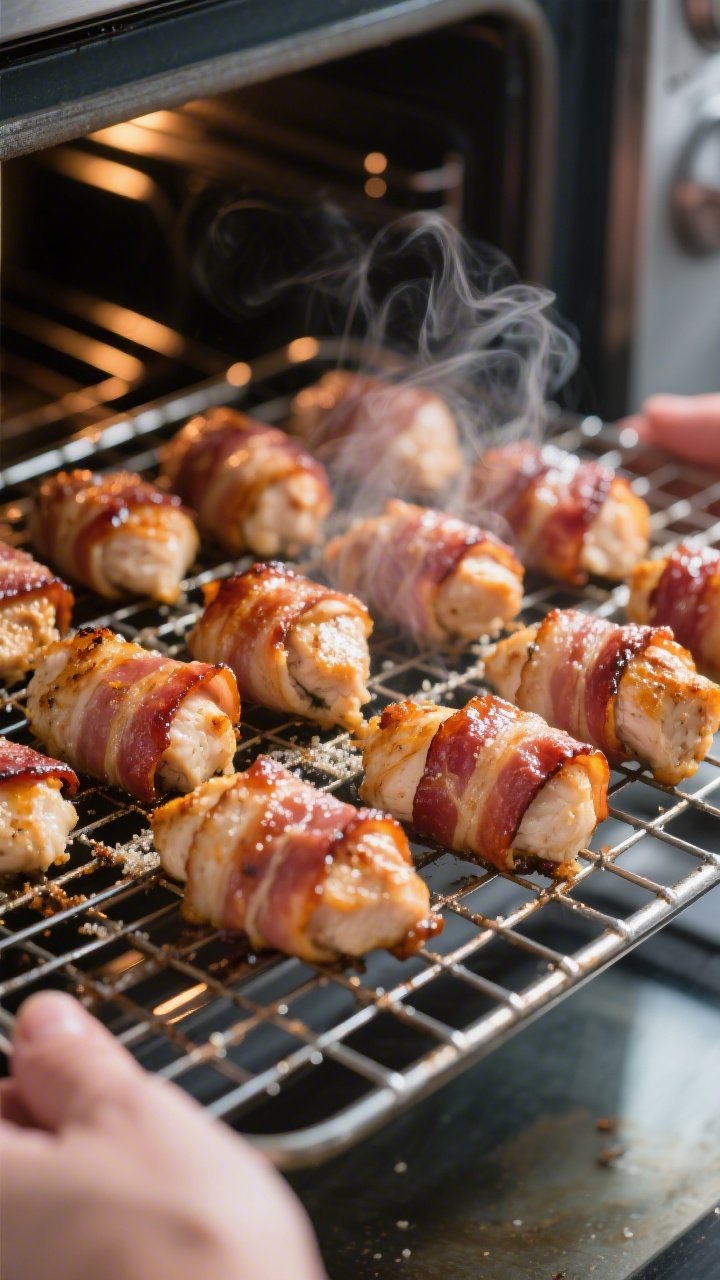 Cooking process: Keto bacon-wrapped chicken bites arranged seam-side down on a wire rack mid-bake, s