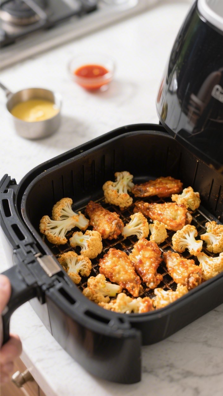 Cooking process: Keto buffalo cauliflower wings finishing in an air fryer basket, mid-cook with even