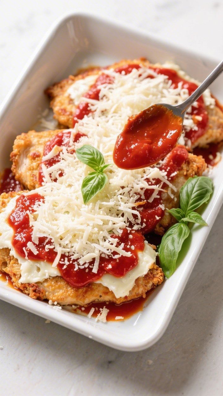 Cooking process: Layering Keto Chicken Parmesan in a lightly oiled 9x13 baking dish—cutlets nestle
