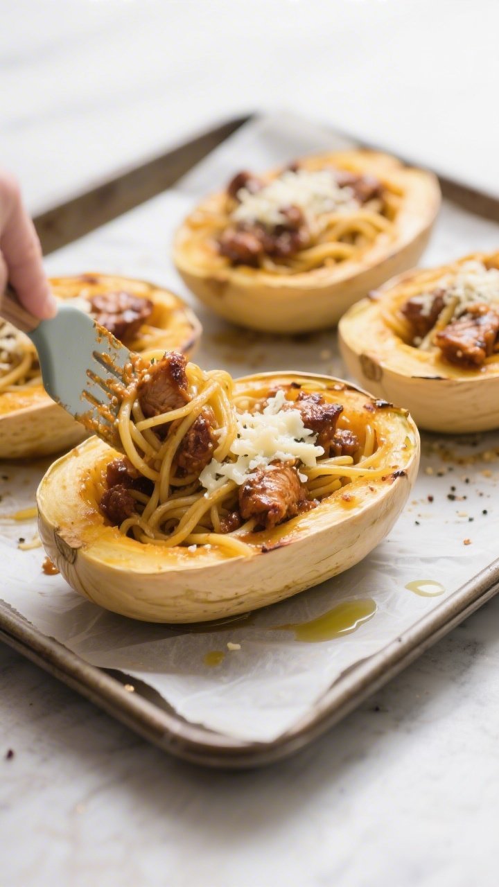 Cooking process: Mid-assembly scene showing the roasted spaghetti squash halves used as bowls with f