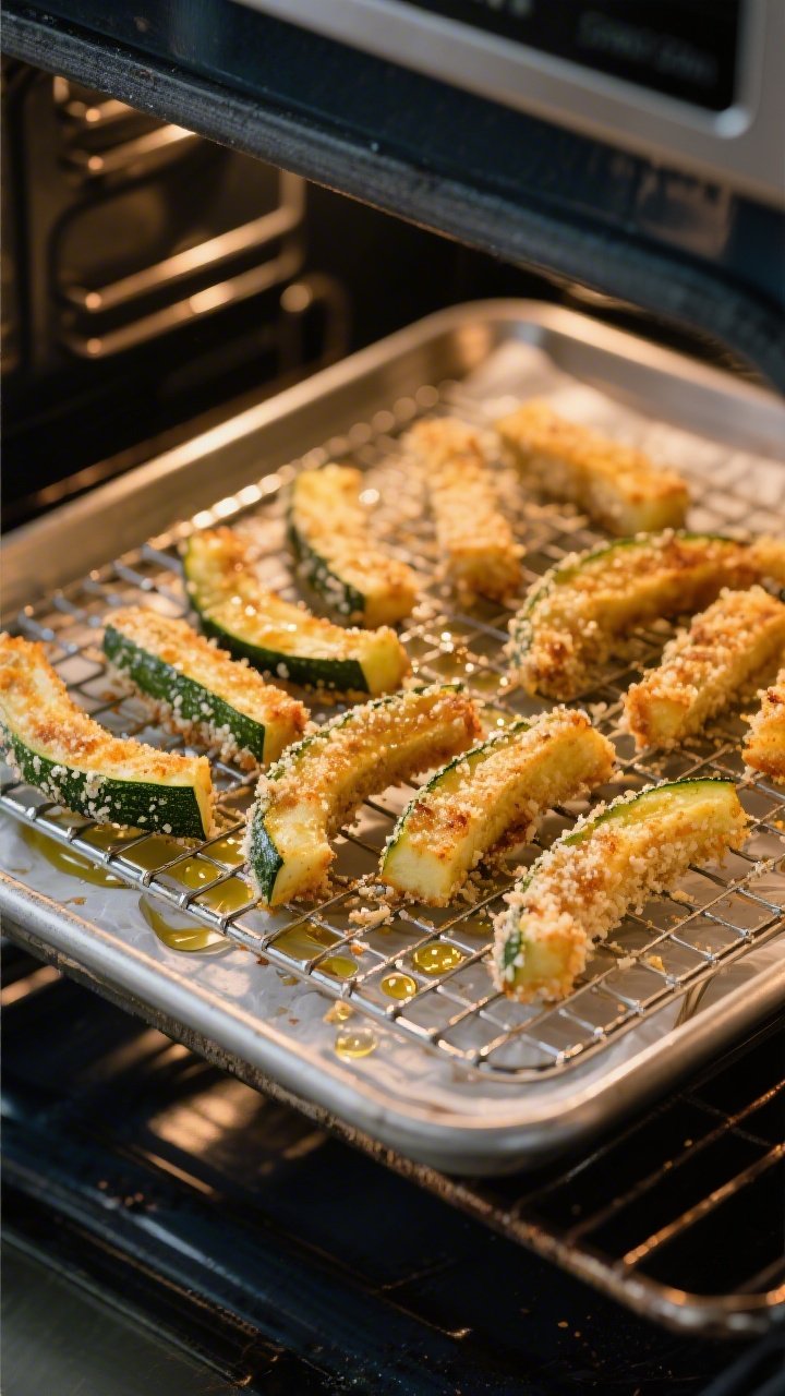 Cooking process: Mid-bake action scene inside the oven door perspective showing zucchini fries on a