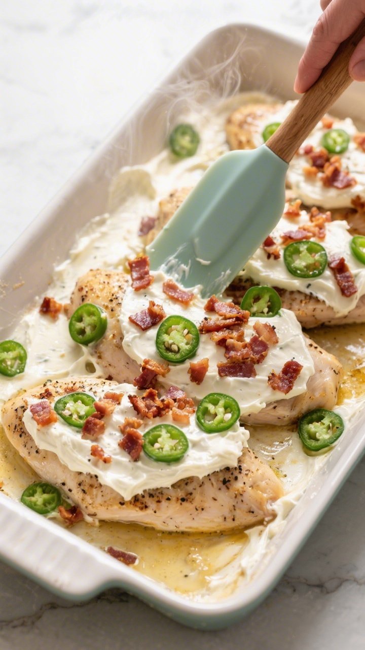 Cooking process: Mid-bake scene of seasoned chicken breasts in a 9x13 baking dish being coated edge-
