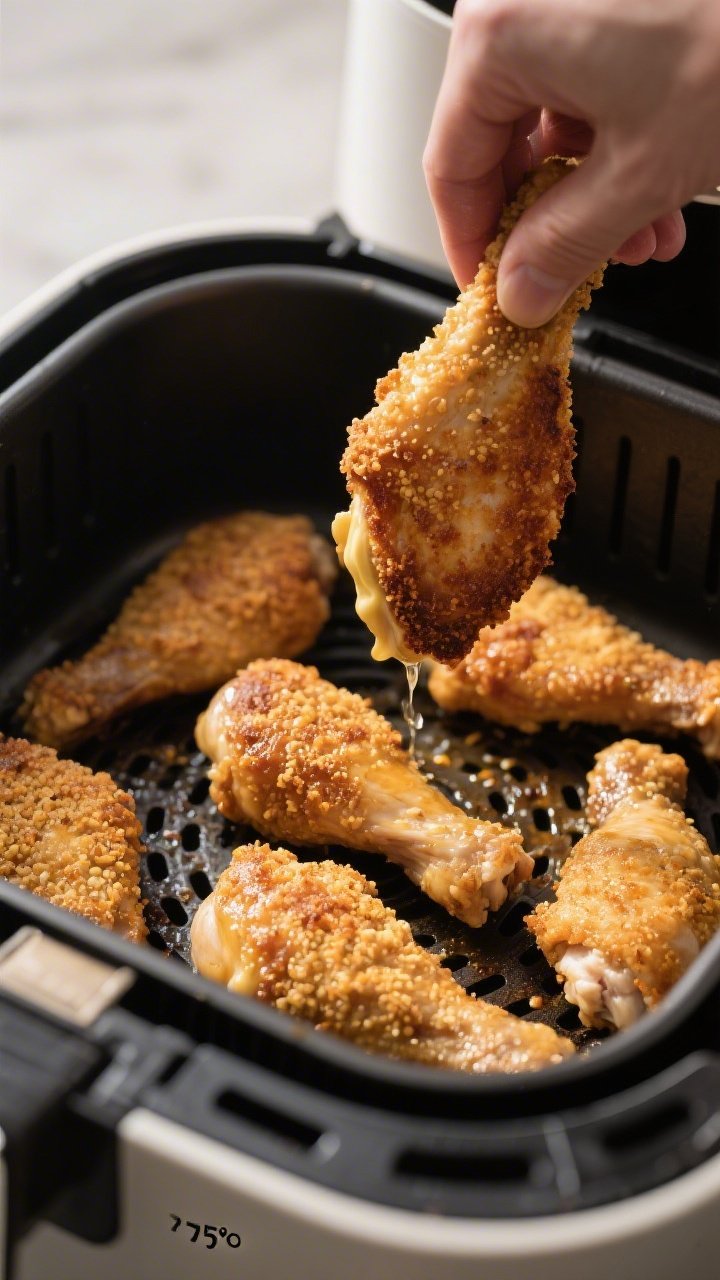 Cooking process: Mid-cook flip in the air fryer—arranged chicken pieces in a single, uncrowded lay