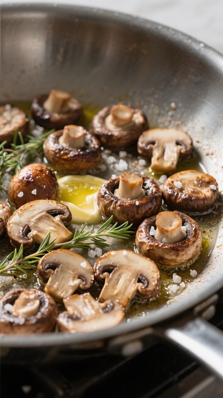 Cooking process: Mushrooms searing in a single layer in a large stainless skillet, deep browning vis