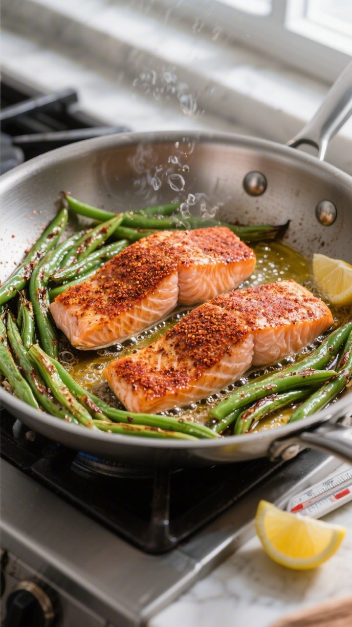 Cooking process: One-pan weeknight scene in a stainless-steel skillet on stovetop, green beans seari