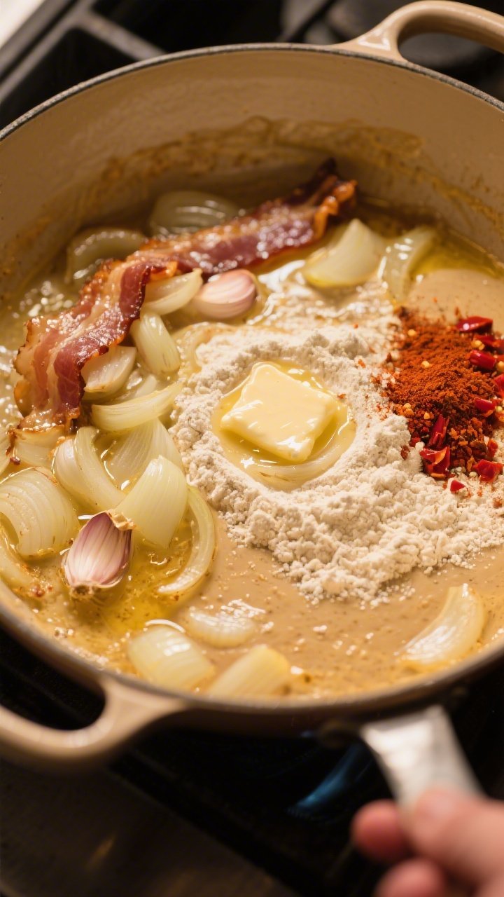 Cooking process: Onions and garlic being sautéed in rendered bacon drippings and butter, immediatel