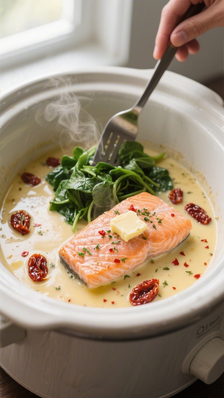 Cooking process: Overhead shot inside a slow cooker showing salmon fillets gently poaching in a pale