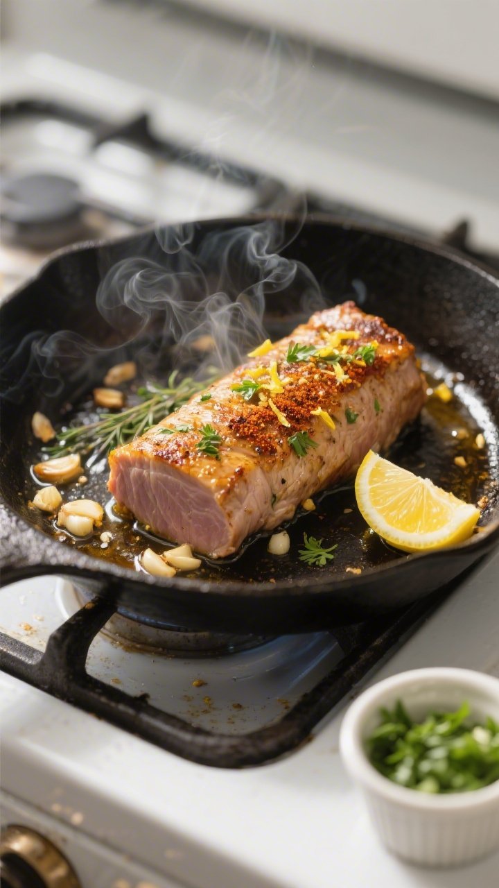 Cooking process: Overhead shot of a hot skillet sear—pork tenderloin coated in garlic, lemon zest,